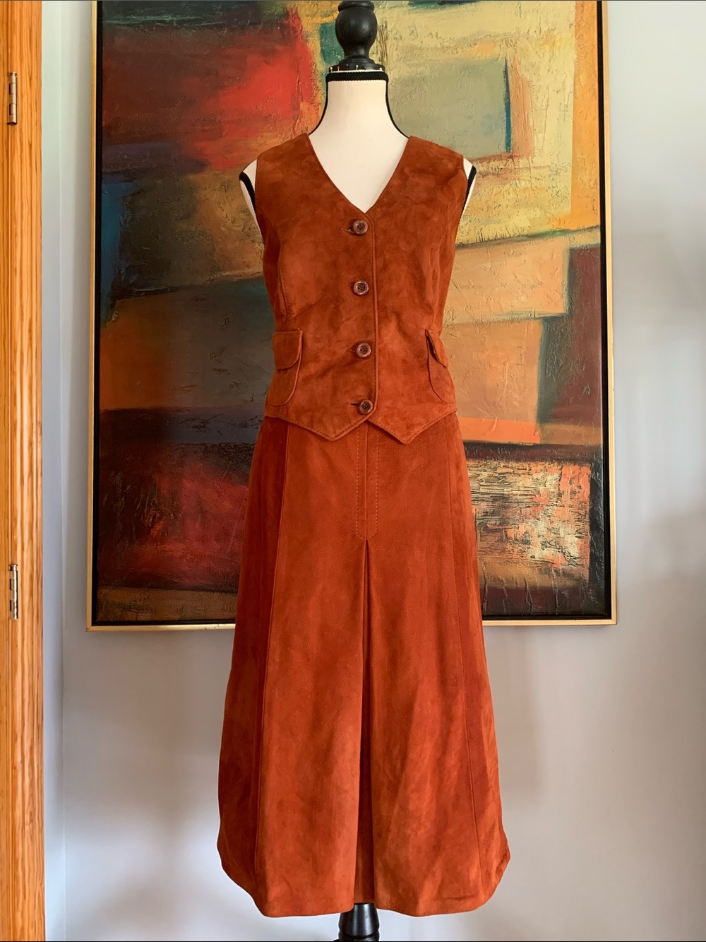 VTG 70s Deastock Two Piece Suede Vest & Skirt Set , Current Sz US 6-8